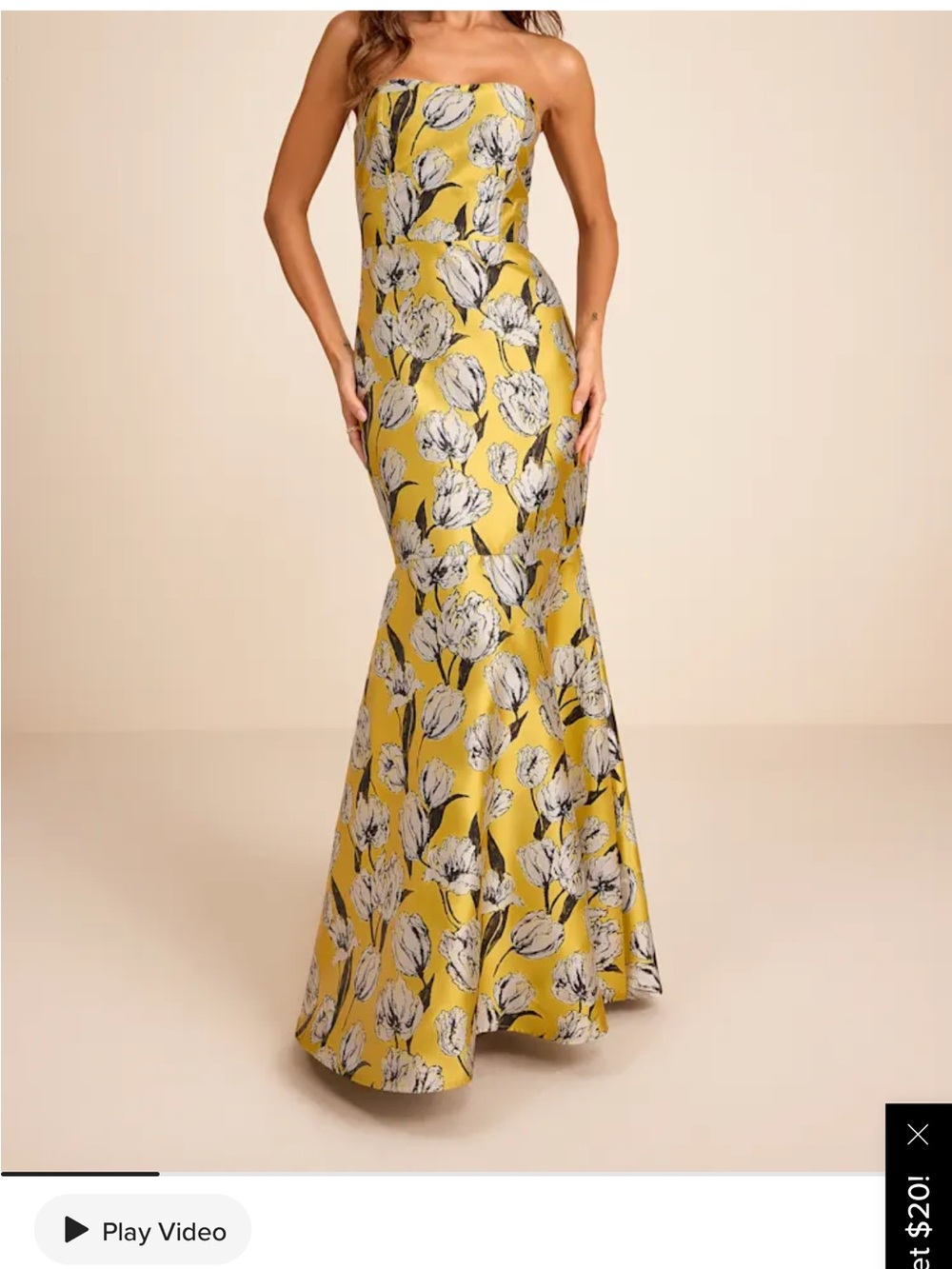 Lulu's Yellow Floral Strapless Formal Gown size medium, worn once